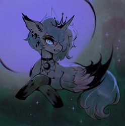 Size: 2030x2048 | Tagged: safe, artist:dearmary, imported from derpibooru, princess luna, alicorn, clothes, collar, colored wings, colored wingtips, crossed hooves, ear piercing, earring, eyebrows, eyebrows visible through hair, goth, hair over one eye, jewelry, lying down, open mouth, open smile, piercing, prone, short mane, smiling, socks, solo, stockings, thigh highs, two toned wings, wings