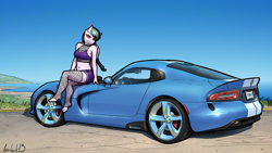 Size: 1152x648 | Tagged: safe, artist:apocheck13, imported from derpibooru, anthro, belly button, blue sky, car, commissioner:rainbowdash69, dodge (car), dodge viper, fishnets, midriff, sky