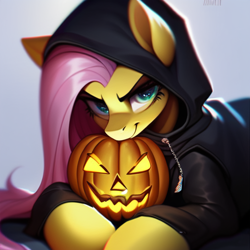 Size: 512x512 | Tagged: safe, imported from derpibooru, fluttershy, pony, ai content, ai generated, clothes, female, generator:purplesmart.ai, generator:stable diffusion, halloween, holiday, hoodie, jack-o-lantern, prompter:tarlek, pumpkin, smiling, smirk, solo