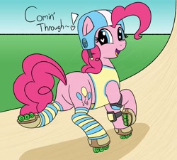 Size: 2048x1841 | Tagged: safe, artist:legendoflink, imported from derpibooru, pinkie pie, earth pony, pony, balloonbutt, butt, clothes, female, heart, heart eyes, helmet, knee pads, looking back, mare, open mouth, open smile, pinktober, plot, roller skates, rollerblades, skates, skating, smiling, socks, solo, striped socks, wingding eyes