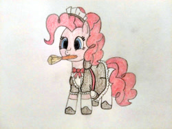 Size: 4032x3016 | Tagged: safe, artist:jakusi, pinkie pie, earth pony, pony, /pnk/, bow, clothes, dress, duster, female, frills, frilly dress, maid, maid headdress, mare, mouth hold, pinktober, shoes, socks, solo, traditional art