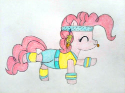 Size: 4032x3016 | Tagged: safe, artist:jakusi, pinkie pie, earth pony, pony, /pnk/, arm band, clothes, dancing, eyes closed, feather, female, headband, leg warmers, mare, pinktober, solo, traditional art, workout, workout outfit