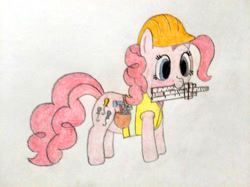 Size: 4032x3016 | Tagged: safe, artist:jakusi, pinkie pie, earth pony, pony, /pnk/, bag, clothes, female, hammer, hard hat, hat, high visibility clothing, mare, mouth hold, pinktober, reflective vest, screwdriver, slide rule, solo, traditional art, vest, wrench