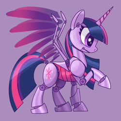 Size: 2048x2048 | Tagged: safe, artist:pfeffaroo, imported from derpibooru, twilight sparkle, alicorn, pony, robot, robot pony, purple background, raised hoof, roboticization, side view, simple background, solo, twibot, twilight sparkle (alicorn)