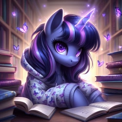 Size: 1024x1024 | Tagged: safe, imported from ponybooru, twilight sparkle, butterfly, pony, unicorn, ai content, ai generated, bing, book, clothes, female, hoodie, library, magic, mare, solo focus, unicorn twilight