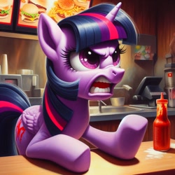 Size: 1024x1024 | Tagged: safe, imported from derpibooru, twilight sparkle, alicorn, pony, ai content, ai generated, angry, burger, female, food, generator:bing image creator, ketchup, mare, menu, open mouth, restaurant, sauce, scowl, solo, tantrum, twilight sparkle (alicorn), wrong cutie mark