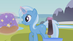 Size: 1280x720 | Tagged: safe, artist:agrol, imported from derpibooru, trixie, cape, clothes, clothes line, magic, magic aura, mud, muddy, must be better, sock, trixie is not amused, unamused