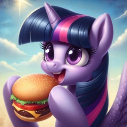 Size: 1024x1024 | Tagged: safe, imported from derpibooru, twilight sparkle, alicorn, pony, ai content, ai generated, burger, cute, eating, excited, female, food, generator:bing image creator, happy, hoof hold, mare, meat, open mouth, open smile, ponies eating meat, sky, smiling, solo, sun, that pony sure does love burgers, twiabetes, twilight burgkle, twilight sparkle (alicorn)