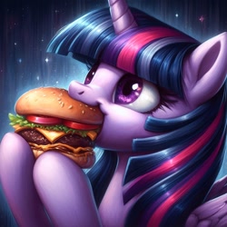 Size: 1024x1024 | Tagged: safe, imported from derpibooru, twilight sparkle, alicorn, pony, ai content, ai generated, burger, cute, eating, female, food, generator:bing image creator, happy, majestic as fuck, mare, meat, ponies eating meat, solo, stars, that pony sure does love burgers, twilight burgkle, twilight sparkle (alicorn)