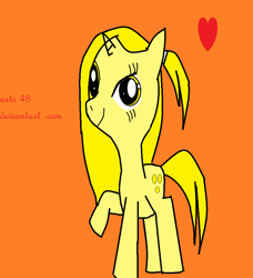 Size: 828x906 | Tagged: safe, artist:arts48, imported from derpibooru, pony, unicorn, 1000 hours in ms paint, female, g4, heart, jammbonian, jammbonian pony, jelly jamm, mare, ms paint, orange background, paint.net, ponified, ponytail, raised hoof, raised leg, red text, rule 85, simple background, smiling, solo, text, yary