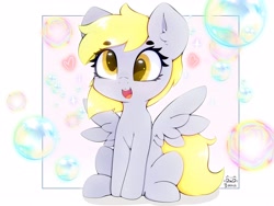 Size: 4000x3000 | Tagged: safe, artist:zokkili, imported from derpibooru, derpy hooves, pegasus, pony, beanbrows, bubble, cute, derp, derpabetes, ear fluff, eyebrows, eyebrows visible through hair, female, g4, heart, high res, mare, open mouth, open smile, signature, sitting, smiling, solo, sparkles, spread wings, wings