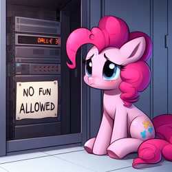 Size: 1024x1024 | Tagged: safe, derpibooru exclusive, imported from derpibooru, pinkie pie, earth pony, pony, ai content, ai generated, cute, diapinkes, female, generator:dall-e 3, mare, no fun allowed, prompter:siber, sad, sadorable, server, sign, sitting, solo
