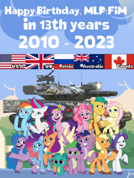 Size: 768x1024 | Tagged: safe, artist:edy_january, artist:prixy05, editor:edy january, imported from derpibooru, applejack, fluttershy, hitch trailblazer, izzy moonbow, pinkie pie, pipp petals, rainbow dash, rarity, spike, sunny starscout, twilight sparkle, zipp storm, alicorn, dragon, earth pony, pegasus, pony, unicorn, 2010, 2023, american flag, anniversary, australia, baby, baby dragon, birthday, british, canada, flag, g4, g5, group, hitch and his 2nd heroine, hitch and his heroine, izzy and her heroine, mane six, misty and her heroine, misty brightdawn, mlp fim's tenth anniversary, my little pony: tell your tale, national flag, netflix, pipp and her heroine, poster, reunion, russia, russian flag, simple background, sparky and his hero, sparky sparkeroni, sunny and her heroine, tank (vehicle), twilight sparkle (alicorn), united kingdom, united states, vector used, xm551 sheridan, youtube, zipp and her heroine