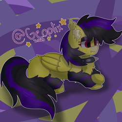 Size: 2000x2000 | Tagged: safe, artist:geo, imported from derpibooru, oc, oc:banan, bat pony, hybrid, pegasus, chest fluff, clothes, collar, ear fluff, leg warmers, lying down, simple background, spiked collar, stripe warmers
