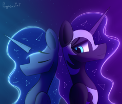 Size: 2480x2105 | Tagged: safe, artist:pegasusyay, imported from derpibooru, nightmare moon, princess luna, alicorn, pony, fanfic art, looking at someone, love, smiling