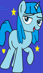 Size: 658x1129 | Tagged: safe, artist:arts48, artist:strat-fim, imported from derpibooru, pony, unicorn, base used, blue background, blue text, female, g4, heart, jammbonian, jammbonian pony, jelly jamm, mare, mina (jelly jamm), open mouth, open smile, ponified, ponytail, raised hoof, raised leg, rule 85, simple background, smiling, solo, stars, text