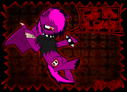 Size: 2808x2028 | Tagged: safe, artist:xxv4mp_g4z3rxx, imported from derpibooru, oc, oc only, oc:violet valium, bat pony, pony, bags under eyes, bat pony oc, bat wings, belly button, clothes, collar, ear piercing, emo, eyeliner, flying, hair over one eye, hoodie, hospital band, makeup, piercing, red eyes, scar, signature, smiling, smug, solo, speech bubble, spiked collar, spiked wristband, tail, taunting, torn clothes, two toned mane, two toned tail, unshorn fetlocks, wings, wristband