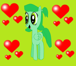 Size: 1018x885 | Tagged: safe, artist:arts48, imported from derpibooru, pegasus, pony, 1000 hours in ms paint, female, folded wings, g4, green background, heart, jammbonian, jammbonian pony, jelly jamm, mare, open mouth, open smile, ponified, ponytail, rule 85, simple background, smiling, solo, text, tiana (jelly jamm), wings