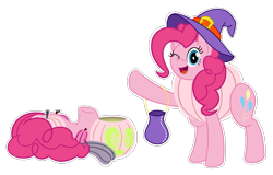 Size: 2081x1334 | Tagged: safe, artist:of-felt-and-cardboard, imported from derpibooru, pinkie pie, earth pony, pony, bag, clothes, costume, female, halloween, halloween costume, hat, headless, holiday, jack-o-lantern, mare, modular, nightmare night, one eye closed, open mouth, open smile, pinkie being pinkie, pumpkin, simple background, smiling, sticker, transparent background, waving, wide hips, wink, witch hat