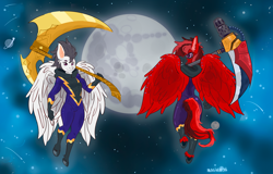 Size: 5497x3508 | Tagged: safe, artist:magikarpii, imported from derpibooru, oc, oc only, oc:brilliant verve, anthro, bat pony, hybrid, pegasus, zony, anthro oc, background, clothes, costume, floating, flying, gold, hero, hood, hooves, male, mare in the moon, moon, nightmare night, pink eyes, pose, scythe, shadowbolts, smiling, space, weapon