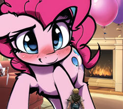 Size: 580x512 | Tagged: safe, editor:giantpony, imported from derpibooru, pinkie pie, oc, human, pony, adorable face, ai assisted, ai content, ai generated, birthday, birthday party, blushing, child, cute, diapinkes, female, generator:novelai, generator:stable diffusion, giant pinkie pie, giant pony, giantess, human and pony, human child, imminent party, larger female, looking at someone, low angle, macro, macro/micro, male, micro, paint.net, party, perspective, sad, sadorable, shrunken, size difference, small human, smaller male, tiny human
