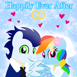 Size: 1400x1400 | Tagged: safe, artist:mlplary6, imported from derpibooru, rainbow dash, soarin', pegasus, pony, bride, clothes, dress, female, flower, flower in hair, groom, heart, husband and wife, jewelry, looking at you, love, male, mare, marriage, married couple, ring, shipping, smiling, smiling at you, soarindash, stallion, straight, text, tuxedo, wedding dress, wedding ring