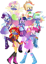 Size: 2876x4000 | Tagged: safe, artist:theshadowstone, imported from derpibooru, applejack, fluttershy, pinkie pie, rainbow dash, rarity, sci-twi, sunset shimmer, twilight sparkle, human, equestria girls, 1000 years in photoshop, big crown thingy, cloth gag, element of magic, gag, humane five, humane seven, humane six, jewelry, ponied up, regalia, simple background, transparent background