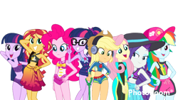 Size: 1192x670 | Tagged: safe, artist:cutler1228, imported from derpibooru, applejack, fluttershy, pinkie pie, rainbow dash, rarity, sci-twi, sunset shimmer, twilight sparkle, human, equestria girls, clothes, humane five, humane seven, humane six, simple background, swimsuit, transparent background, twolight