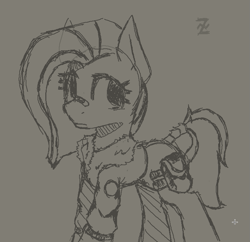 Size: 739x715 | Tagged: safe, artist:zebra, oc, oc only, fallout equestria, bag, bandaid, clothes, jacket, sketch, solo
