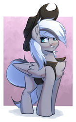 Size: 1820x2912 | Tagged: safe, artist:witchtaunter, imported from derpibooru, oc, oc only, pegasus, pony, chest fluff, clothes, commission, cowboy, cowboy hat, cute, ear fluff, folded wings, hat, looking back, pegasus oc, smiling, vest, wings