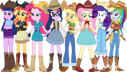 Size: 1280x720 | Tagged: safe, artist:cutler1228, imported from derpibooru, applejack, fluttershy, pinkie pie, rainbow dash, rarity, sci-twi, sunset shimmer, twilight sparkle, human, equestria girls, boots, clothes, cowboy boots, cowboy hat, cowgirl outfit, hat, humane five, humane seven, humane six, shoes, simple background, transparent background, twolight
