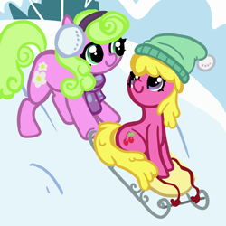 Size: 2000x2000 | Tagged: safe, artist:nootaz, imported from derpibooru, cherry berry, daisy, flower wishes, earth pony, pony, duo, earmuffs, female, hat, mare, redraw, scene interpretation, sled, snow, winter