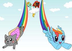 Size: 1587x1127 | Tagged: safe, artist:culu-bluebeaver, imported from derpibooru, lightning dust, rainbow dash, cat, pegasus, pony, black outlines, cloud, concept, concept art, flying, food, lurking, nyan cat, poptart, simple background, sketch, sky, smiling, tac nayn, wings