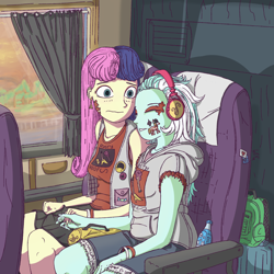 Size: 1500x1500 | Tagged: safe, artist:lef-fa, imported from derpibooru, bon bon, lyra heartstrings, sweetie drops, equestria girls, alternate hairstyle, bus, clothes, duo, face paint, female, headphones, hoodie, lesbian, ship:lyrabon, shipping, vest