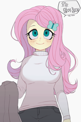 Size: 850x1275 | Tagged: artist needed, safe, imported from derpibooru, fluttershy, human, equestria girls, blushing, butterfly hairpin, clothes, eyebrows, female, hairpin, korean, signature, simple background, smiling, solo, sweater, white background