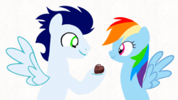 Size: 1920x1080 | Tagged: safe, artist:mlplary6, imported from derpibooru, rainbow dash, soarin', pegasus, pony, animated, boyfriend and girlfriend, chocolate, eating, feeding, female, food, gif, heart, looking at each other, looking at someone, love, male, mare, shipping, simple background, smiling, smiling at each other, soarindash, stallion, straight