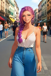 Size: 1024x1536 | Tagged: safe, editor:sammykun, imported from derpibooru, sunny starscout, human, ai content, ai generated, barcelona, big breasts, breasts, busty sunny starscout, city, clothes, crowd, denim, europe, female, female focus, g5, humanized, jeans, my little pony: a new generation, outdoors, palazzo jeans, pants, prompter:sammykun, sleeveless, sleeveless sweater, solo focus, street, sweater, tan skin, tanned