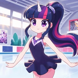 Size: 1024x1024 | Tagged: safe, imported from derpibooru, twilight sparkle, human, equestria girls, ai content, ai generated, breasts, clothes, cute, delicious flat chest, ice skating, leotard, solo, twiabetes