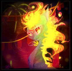 Size: 2000x1968 | Tagged: safe, artist:despairbreaker, imported from derpibooru, dragon, hybrid, longma, them's fightin' herds, community related, female, festival, fire, mane of fire, solo, tianhuo (tfh)