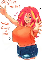 Size: 1400x2000 | Tagged: safe, artist:sozglitch, imported from derpibooru, sunset shimmer, human, big breasts, breasts, busty sunset shimmer, clothes, daisy dukes, dialogue, female, huge breasts, humanized, incoming hug, open arms, open mouth, open smile, shorts, simple background, smiling, solo, talking to viewer, white background