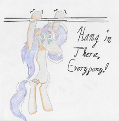 Size: 990x1007 | Tagged: safe, artist:otl crafts, imported from derpibooru, oc, oc:saltwater brass, pony, unicorn, crayon drawing, crying, hang in there, hanging, snoot, solo, struggling, sweat, traditional art