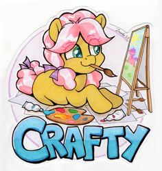 Size: 1734x1836 | Tagged: safe, artist:dandy, imported from derpibooru, kettle corn, oc, earth pony, badge, con badge, copic, earth pony oc, eye clipping through hair, female, filly, foal, hair tie, lying down, paint, paintbrush, painting, palette, pigtails, solo, text, traditional art