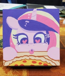 Size: 1752x2048 | Tagged: safe, artist:dandy, imported from derpibooru, princess cadance, pony, acrylic painting, female, food, heart, heart eyes, horn, mare, peetzer, pizza, solo, tongue out, traditional art, wingding eyes