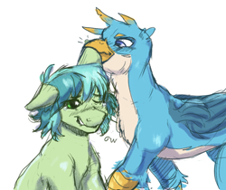 Size: 3100x2600 | Tagged: safe, artist:wrypony, imported from derpibooru, gallus, ocellus, sandbar, silverstream, smolder, yona, earth pony, griffon, pony, biting, blush lines, blushing, duo, ear bite, gallbar, gay, lip bite, male, playful, shipping, simple background, student six, white background