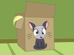 Size: 2573x1907 | Tagged: safe, artist:badumsquish, derpibooru exclusive, imported from derpibooru, derpy hooves, cat, pegasus, pony, behaving like a cat, box, happy, hole, looking at you, open mouth, open smile, peeking, pony in a box, show accurate, smiling, solo, whiskers