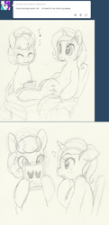 Size: 758x1569 | Tagged: safe, artist:asknursenimble, imported from derpibooru, oc, oc:nurse nimble, oc:star moon dancer, pony, unicorn, female, mare, monochrome, pregnant, tumblr:ask nurse nimble