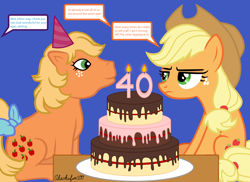 Size: 1920x1400 | Tagged: safe, artist:ahsokafan100, imported from derpibooru, applejack, applejack (g1), earth pony, pony, 40th anniversary, anniversary, anniversary art, applejack's hat, birthday cake, birthday candles, blue background, bow, cake, candle, cowboy hat, duo, duo focus, female, food, freckles, g1, g4, generational ponidox, hat, implied rarity, mare, mlp fim's thirteenth anniversary, offscreen character, party hat, self paradox, self ponidox, signature, silly, silly pony, simple background, sitting, speech bubble, stetson, table, tail, tail bow, talking, who's a silly pony