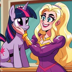 Size: 328x328 | Tagged: safe, imported from derpibooru, twilight sparkle, human, pony, unicorn, ai content, ai generated, cute, generator:bing image creator, petting, prompter:jrshinkansenhorse, smiling, table, tara strong, twiabetes