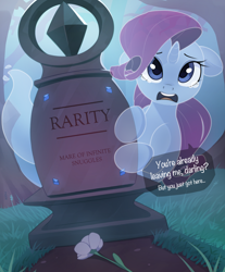 Size: 2958x3567 | Tagged: safe, artist:nookprint, imported from derpibooru, rarity, ghost, ghost pony, undead, unicorn, attention horse, female, flower, grass, gravestone, looking at you, looking up, mare, night, solo, talking, teary eyes, tomb, tree