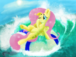 Size: 2160x1620 | Tagged: safe, artist:boneappleteeth, fluttershy, pegasus, ocean, one eye closed, wink